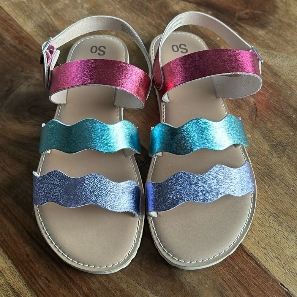 NWOT Girls’ Multi-color Metallic Sandals by SO, Size 5